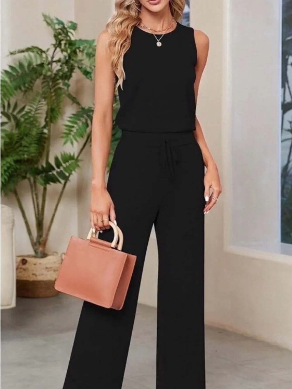 Sarin Mathews Women's S Black Solid Sleeveless Knit Wide-Leg Jumpsuit
